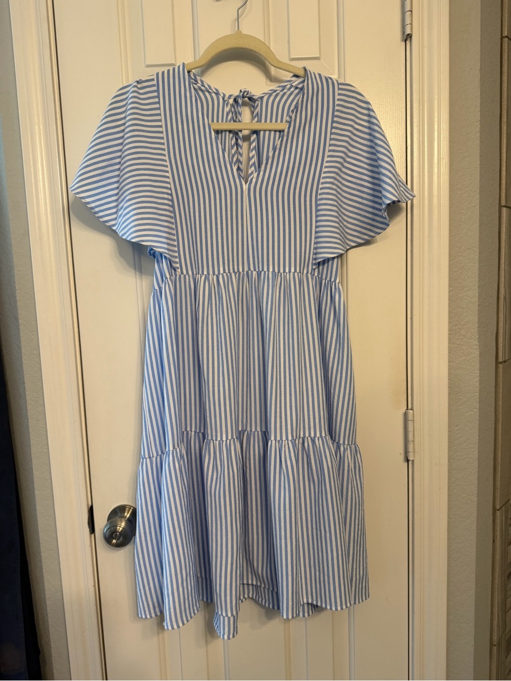 Molly Bracken Blue and White Striped Midi Tiered Dress